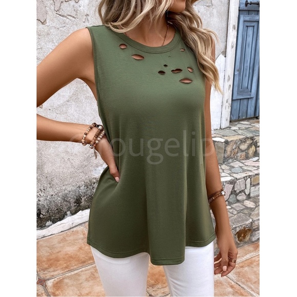 Green Tank Top Distressed Cut Holes Shirt Casual Stretchy - Picture 4 of 8